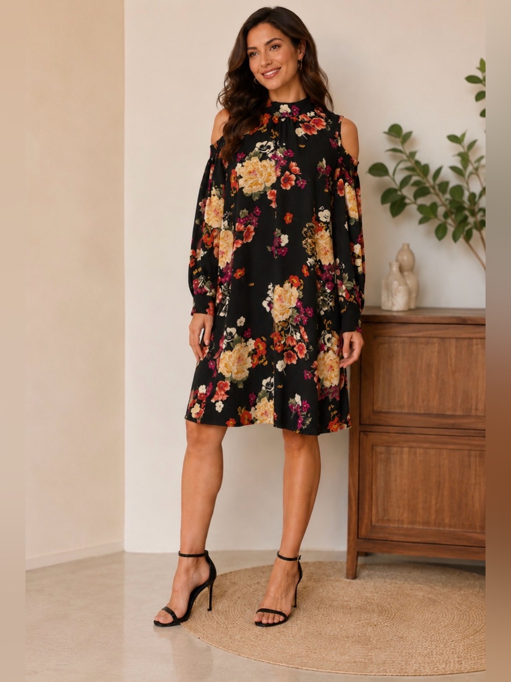 Black Cold-Shoulder Midi Dress with Yellow & Pink Floral Print